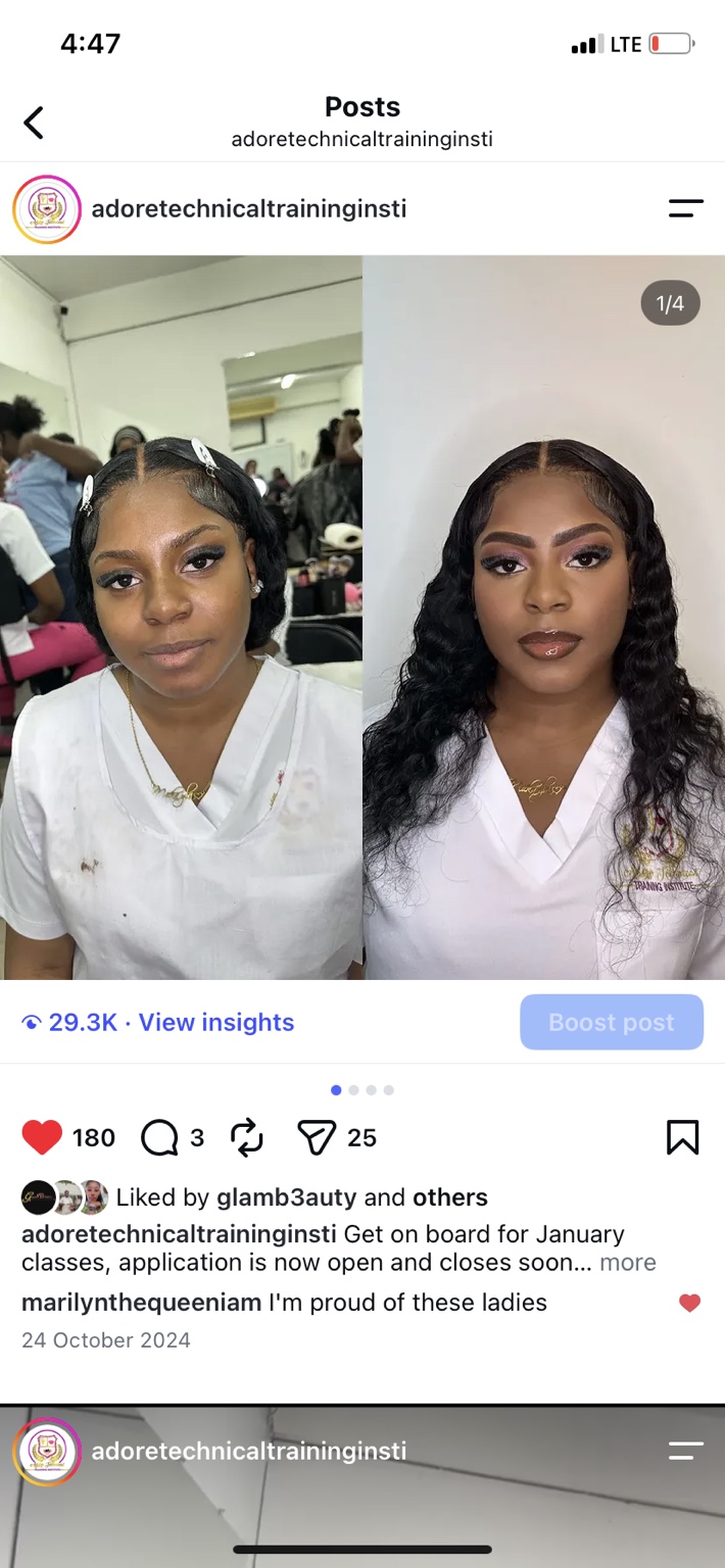 Professional makeup transformation completed during Adore training